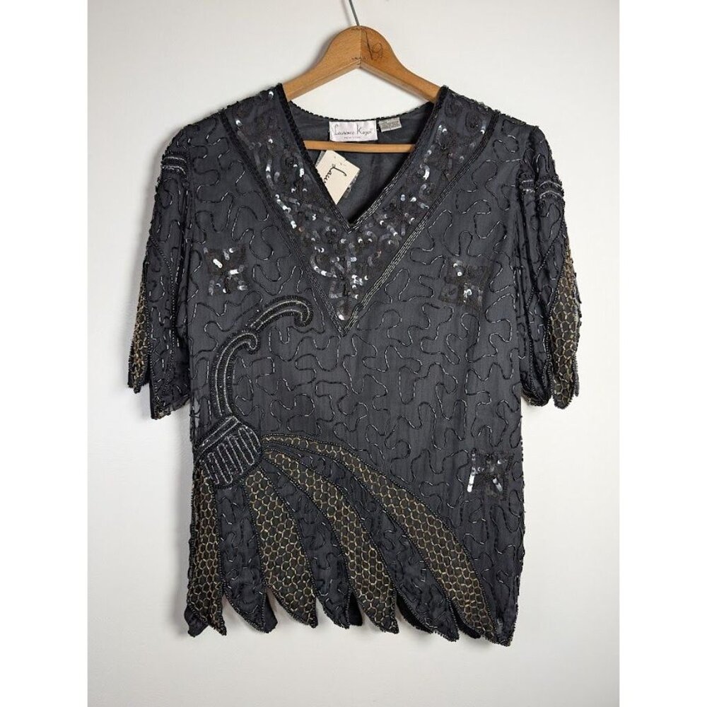 Vintage Laurence Kazar Blouse Large Sequin Beaded Silk Witchy Party Evening NEW - Picture 6 of 11